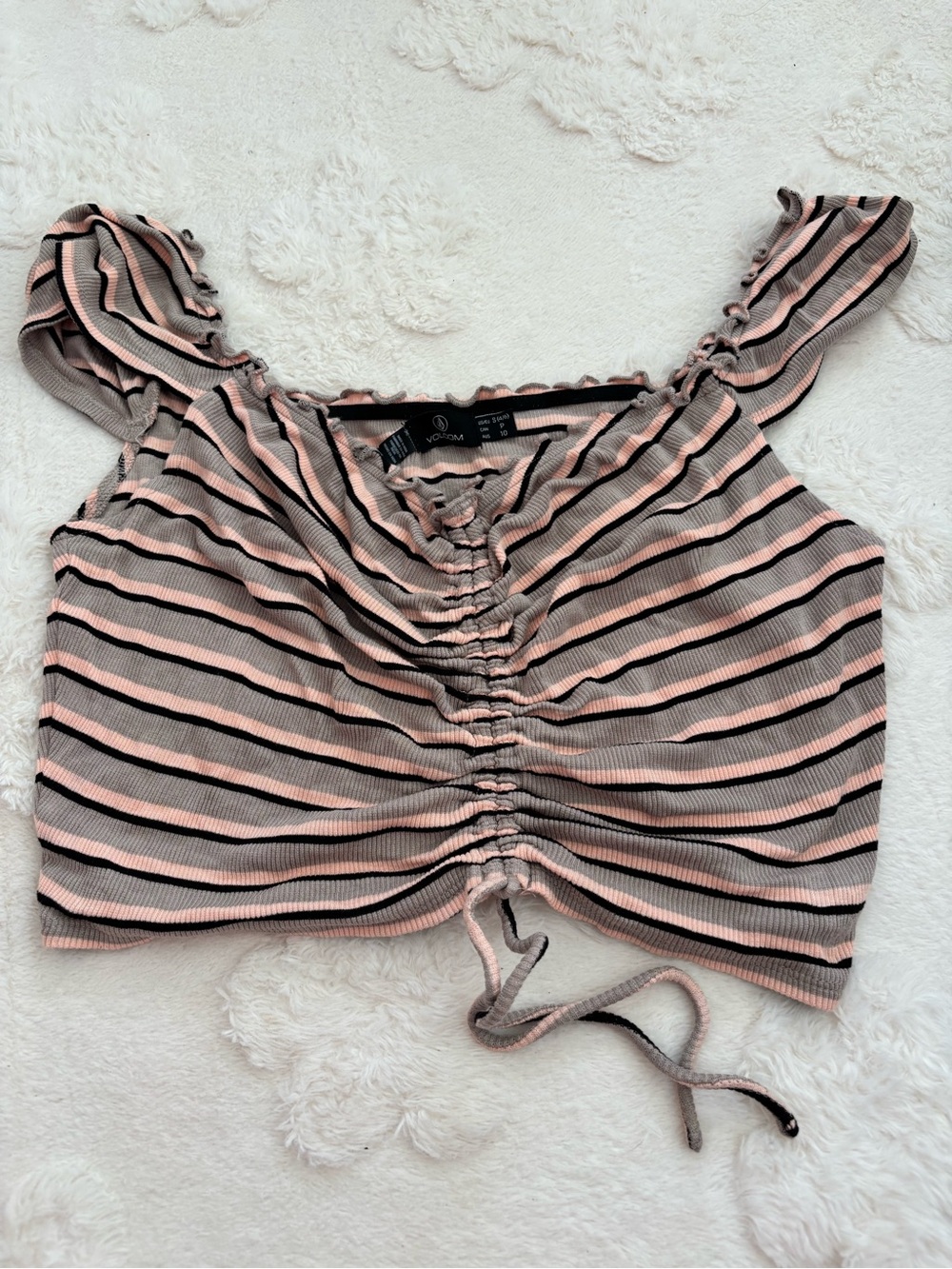 Volcom Pink and Black Striped Ruched Crop Top